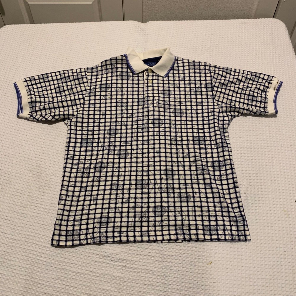 Nicklaus Mens Large Golf Polo Shirt Blue White Grid Graphic Print Cotton Slv